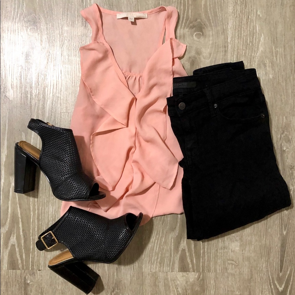 GUESS Light Pink Semi-Sheer Ruffle Sleeveless Top
